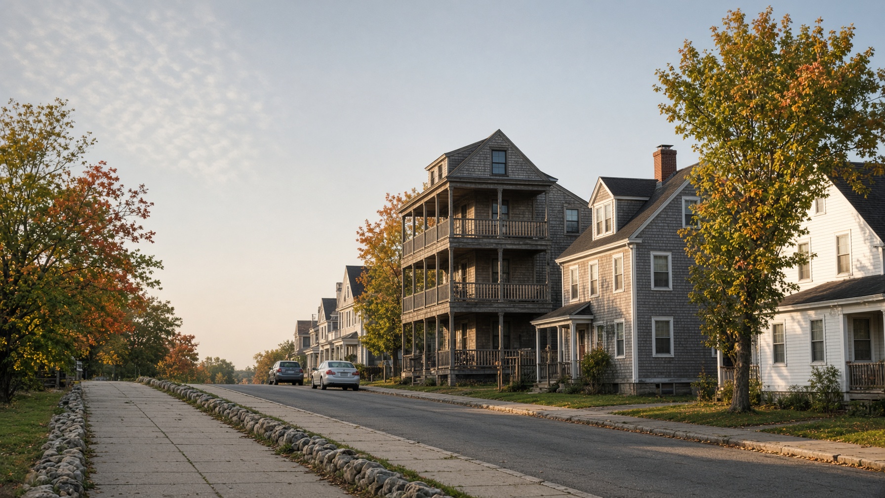 Shingled triple-decker and older houses along a Rhode Island street in autumn